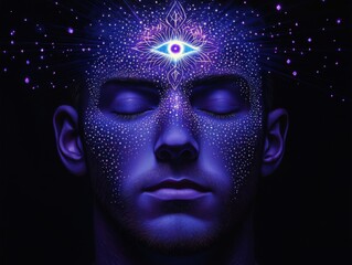 Mystical portrait of a person with glowing third eye and cosmic patterns in a dark setting