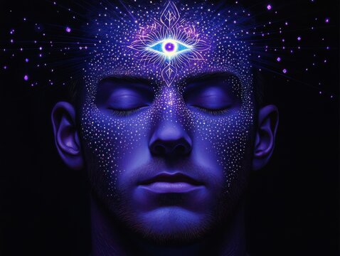Mystical portrait of a person with glowing third eye and cosmic patterns in a dark setting