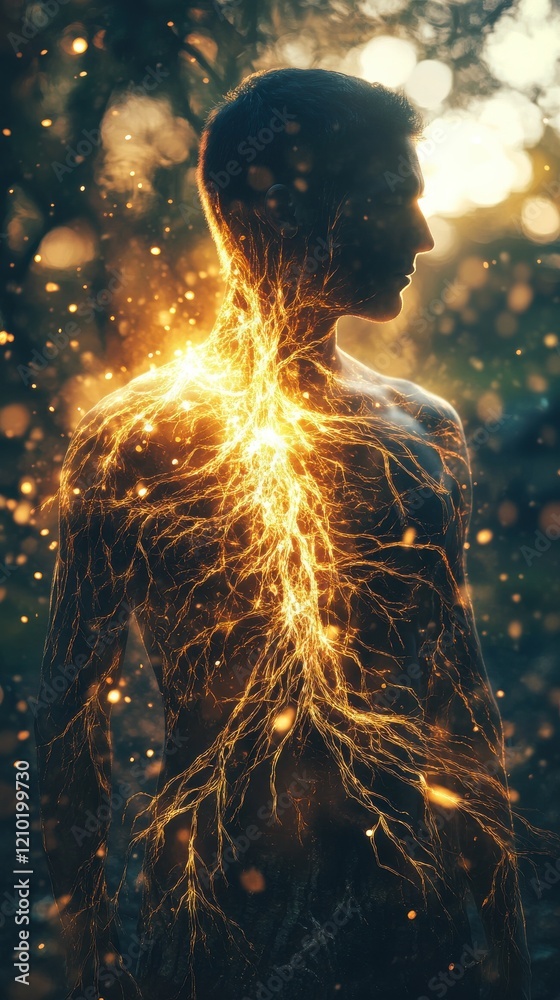 Poster man glowing with energy emanating from the body in a serene outdoor environment during twilight