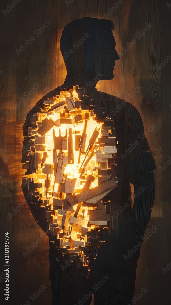 Poster Silhouette of a father illuminated by abstract design showcasing strength and warmth in an emotional setting