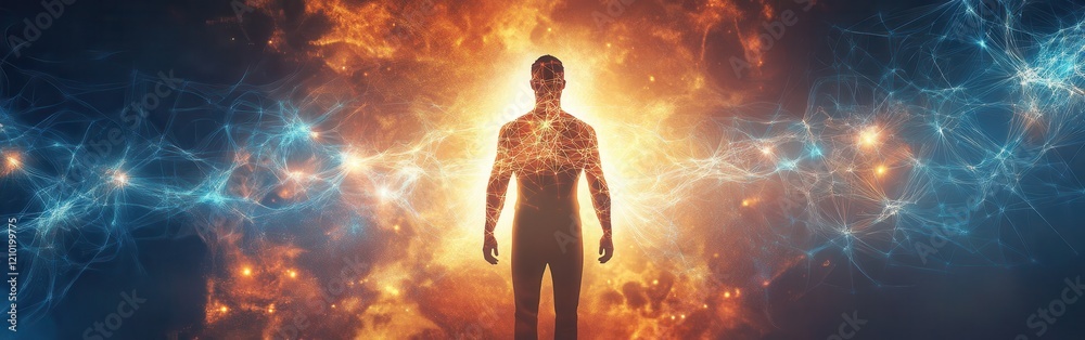 Aufkleber Man glowing with energy surrounded by vibrant cosmic patterns in a mysterious environment