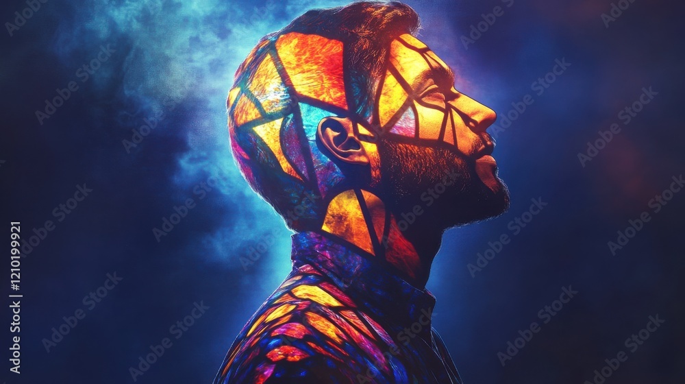 Aufkleber conceptual portrayal of a man's profile illuminated by vibrant, colorful patterns in a dreamy backdr