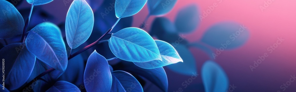 Poster cluster of glowing neon blue leaves basking in soft light during an evening ambiance in a tranquil s