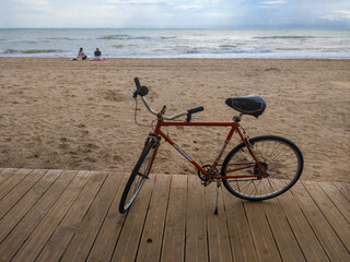 Obraz premium Pareja con una bicicleta en la playa
