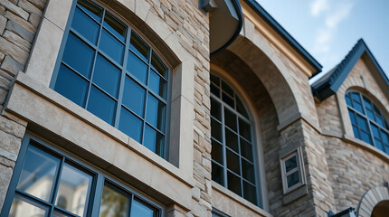 Elegant Stone House Exterior with Classic Arch Windows. Luxury Home Design and Architecture. Real Estate and Property Photography