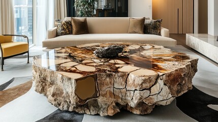 Stunning Petrified Wood Coffee Table in Luxurious Living Room