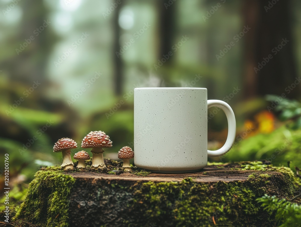 Canvas Prints Warm cup of coffee beside small mushrooms in a tranquil forest setting during early morning light