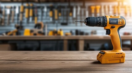 An electric drill rests on a wooden table, with a blurred workbench and tools creating a warm atmosphere in a busy workshop