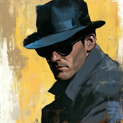 Obraz premium Mysterious Man in Hat and Sunglasses: A Vintage Portrait