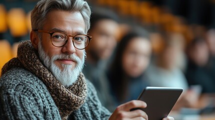 Older man with glasses using a tablet in a crowded auditorium while wearing a cozy sweater during a lively lecture