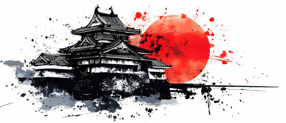Japanese Castle Sunset Ink Wash