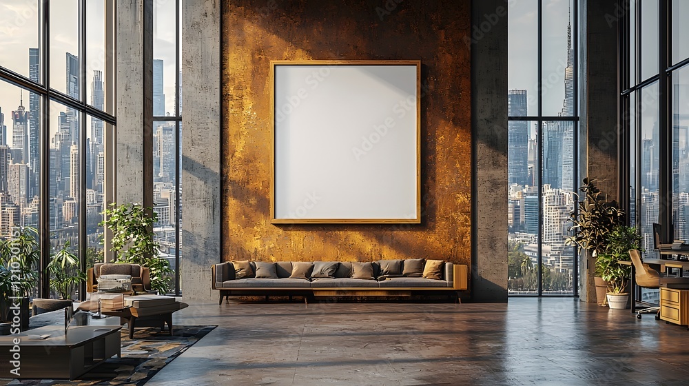 Poster wooden wall mounted blank poster displayed in a modern office setting surrounded by large windows of