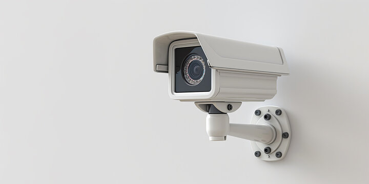 A white security camera is mounted on a wall