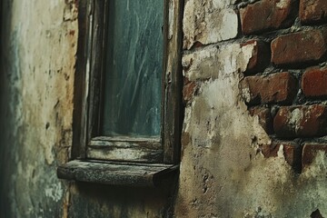 Old Weathered Window in Decaying Brick Wall