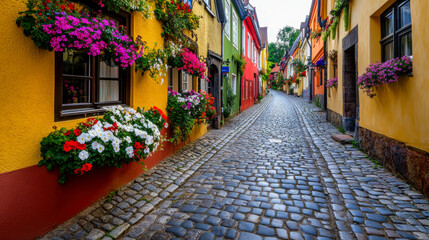 Fototapeta premium A vibrant cobblestone street in a European old town, featuring colorful facades and blooming flower boxes in warm afternoon light.