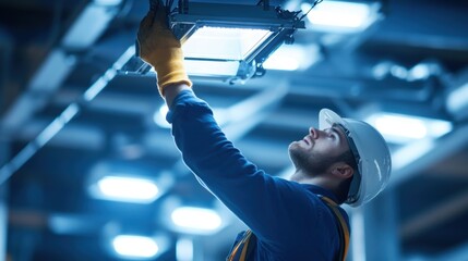 Industrial electrician wearing protective gloves and a helmet, installing an led lighting panel in a modern factory environment, ensuring safety and efficiency in the workspace