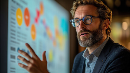 Leader presenting to colleagues using a large digital screen