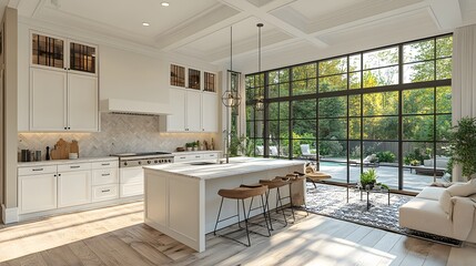 Modern white kitchen with large windows and hardwood flooring creating a cozy yet sleek look, realistic 8K resolution,
