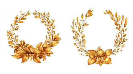 Set. Arrangement of decorative leaves and gold elements. Collection leaves, twigs, herbs, leaf compositions, gold, wreath isolated on white background.