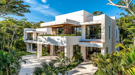 Fototapeta premium A modern eco-conscious residential area with white architecture, surrounded by lush trees and green spaces, conveying sustainability and fresh, inviting living spaces.