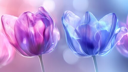 Fototapeta premium Dreamy Purple and Blue Tulips Delicate Floral Close up with Soft Bokeh Background