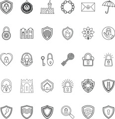 Security Icons Locks, Shields, Keys, Castles, and Protection Symbols