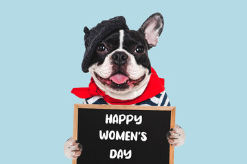 Happy Women's Day. Lovable puppy and congratulatory inscription. Closeup, indoors, studio shot. Congratulations for family, loved ones, relatives, friends and colleagues. Pet care concept