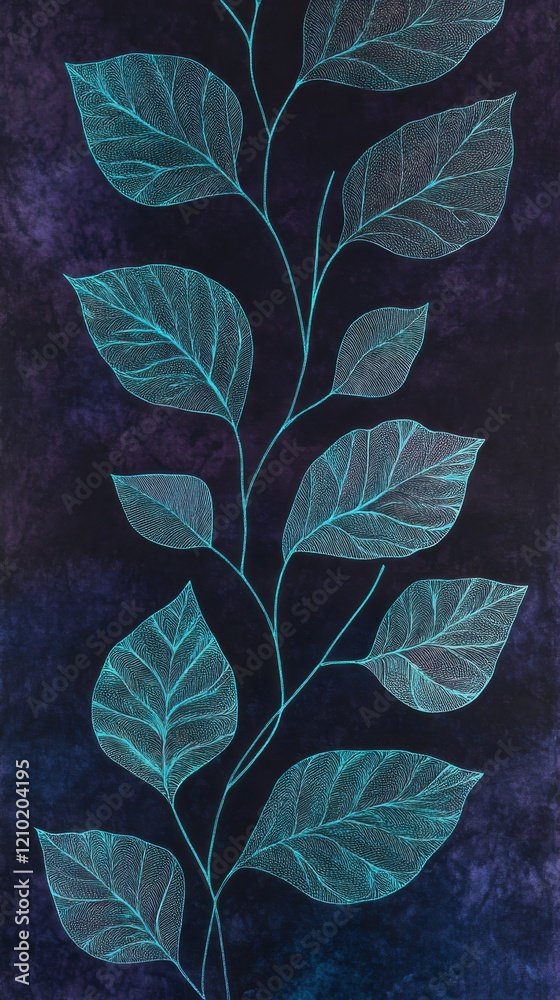 Poster striking black leaves with glowing turquoise veins create a mesmerizing visual contrast in a captiva