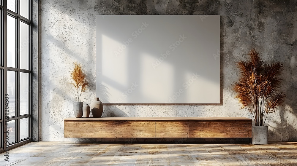 Fototapete Minimalist and modern room interior featuring a wooden cabinet below a blank wall creating a clean and simple space ideal for design mockups product displays and 3D rendered visuals