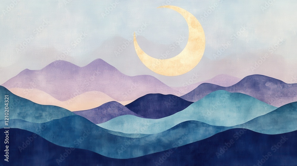 Aufkleber soft silhouette of a serene mountain range with a crescent moon under a pastel sky at dusk
