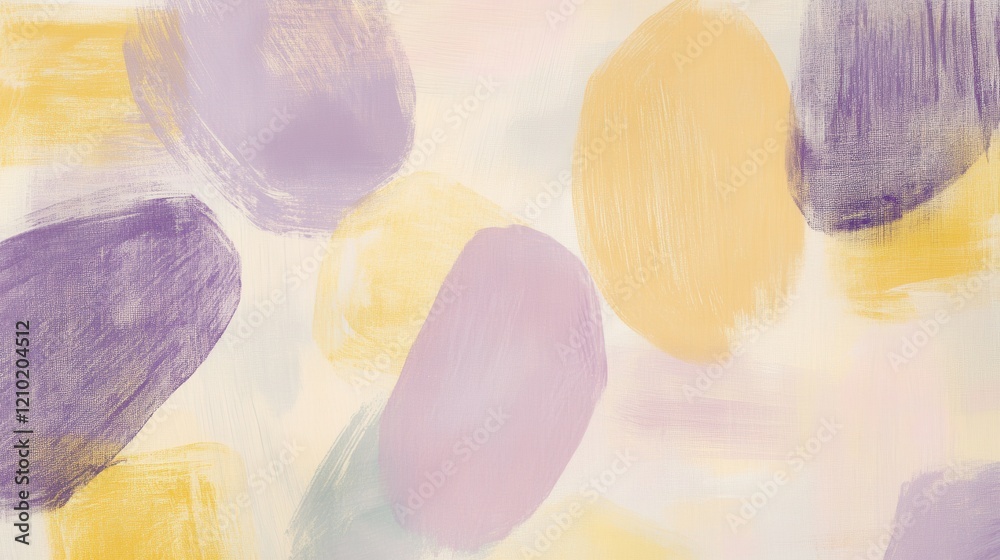Poster soft pastel strokes create a calming abstract composition with yellow and purple hues on a light bac
