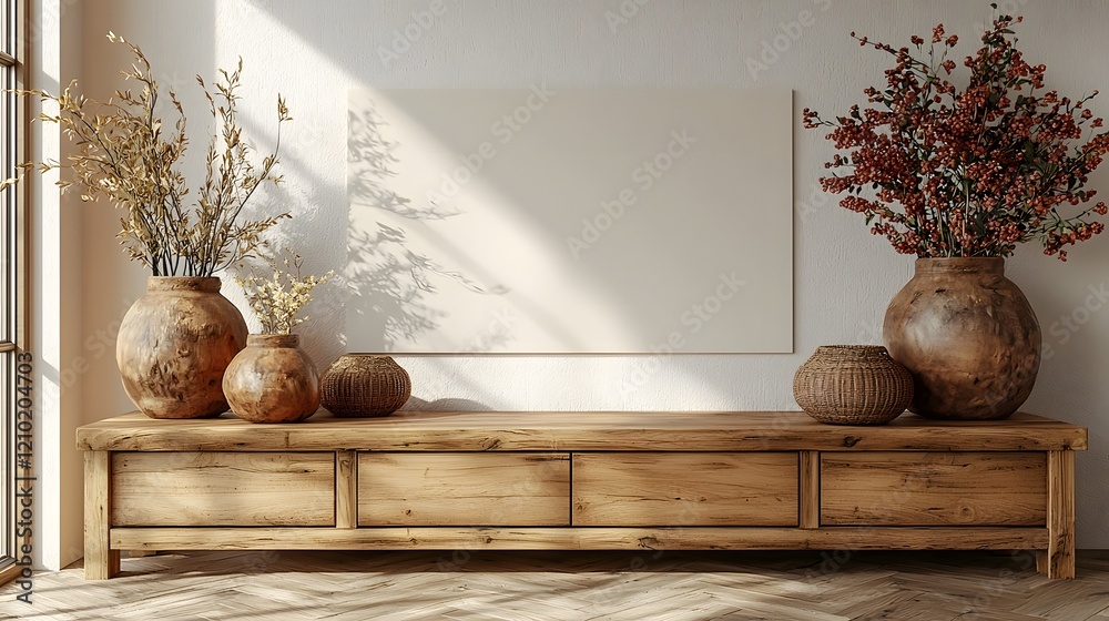 Poster elegant and simple interior design featuring a wooden cabinet and blank wall space providing a calm 