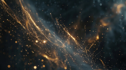 Stunning abstract background with golden particles and light trails, creating sense of depth and movement. Perfect for digital art, technology, or cosmic themes