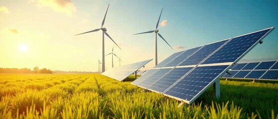 Sunlit Solar Panels and Wind Turbines in a Field - Renewable Energy