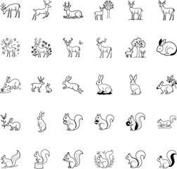 Forest Animals Line Art Deer, Rabbits, Squirrels, Nature Icons