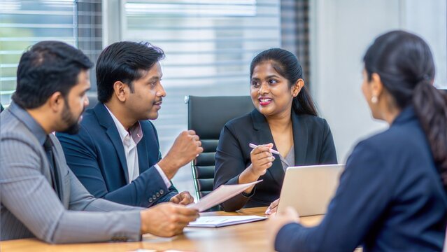Diverse Office Leadership – An Indian leadership team consisting of men and women discussing future business goals.	
 - Powered by Adobe