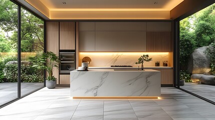 Bright kitchen with clean design featuring a professional agent explaining details, modern decor, realistic 8K resolution,