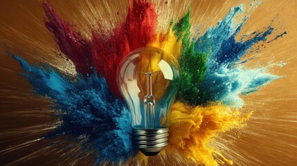Bright explosion of colors surrounding a light bulb creating an artistic display of creativity and imagination in a vibrant background
