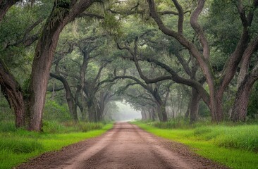 Naklejka premium Misty Oak Tree Lane Scenic Dirt Road Landscape