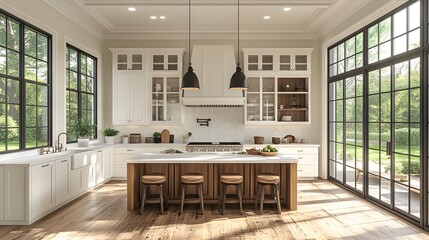 Bright open kitchen with sleek white cabinets, an agent working on a blog article, realistic 8K resolution,