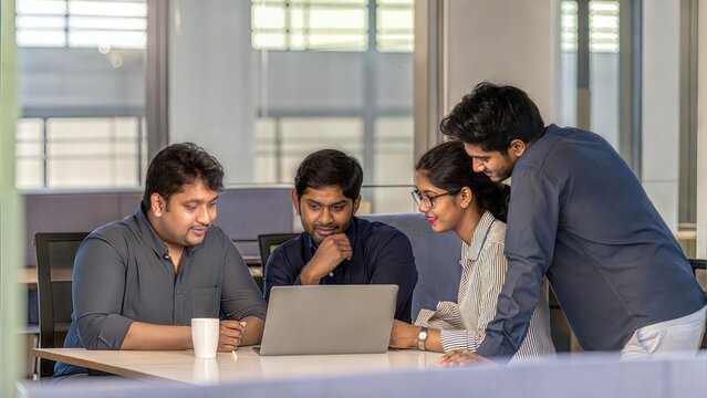 Indian Entrepreneur Team – A group of Indian entrepreneurs brainstorming in a modern office space.	
