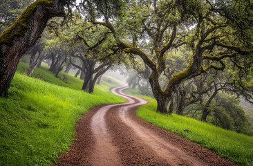 Obraz premium Winding Country Road Through Misty Green Oaks
