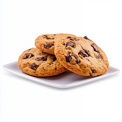 Delicious chocolate chip cookies stacked on a white plate showcasing golden brown color and gooey chocolate chunks