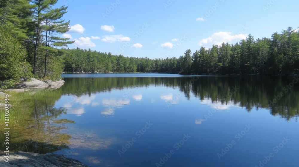 Aufkleber calm lake reflecting trees under a bright sky in a tranquil natural setting