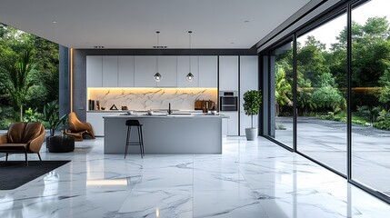 Minimalist clean kitchen interior with an agent organizing a blogging event, sleek and bright ambiance, realistic 8K resolution,