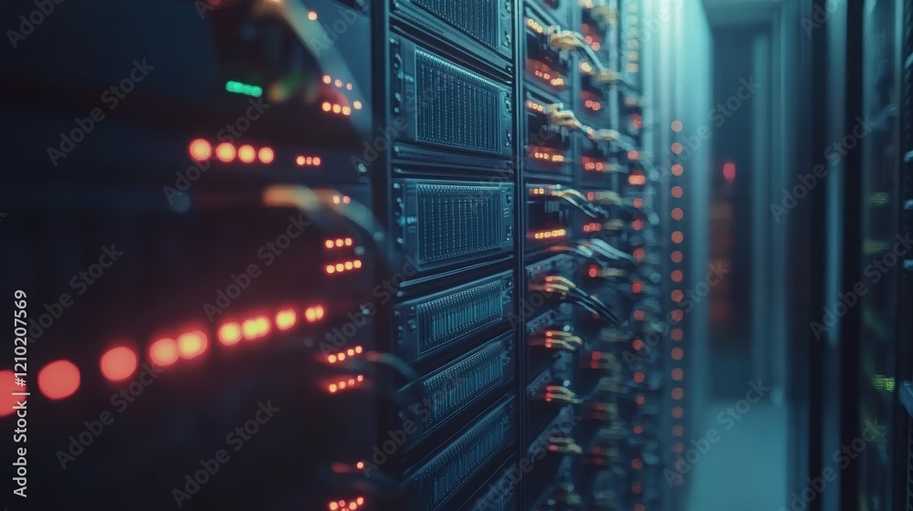 Poster working data center filled with blinking servers, illustrating internet connectivity and data proces
