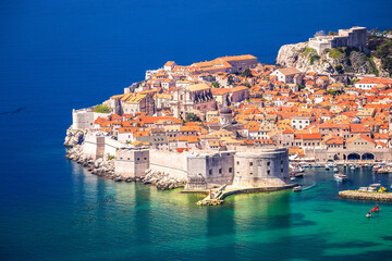 Historic city of Dubrovnik walls and archipelago aerial view