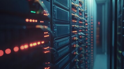 Working data center filled with blinking servers, illustrating internet connectivity and data processing within a server room illuminated by a captivating blue light