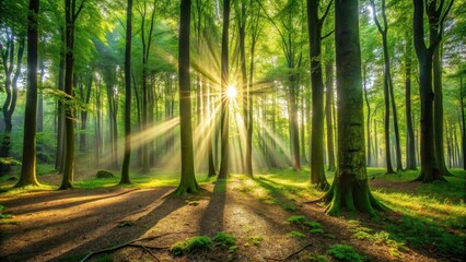 Obraz premium Warm sunlight filtering through trees in a dense green forest, creating dappled shadows on the forest floor , rays of sunlight, green forest