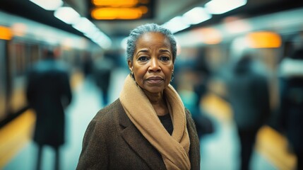 Portrait of a woman standing confidently in a subway station with blurred figures in the background during a busy commute hours